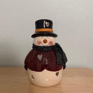 Charming Snowman Candle Holder with Black Hat and Red Coat